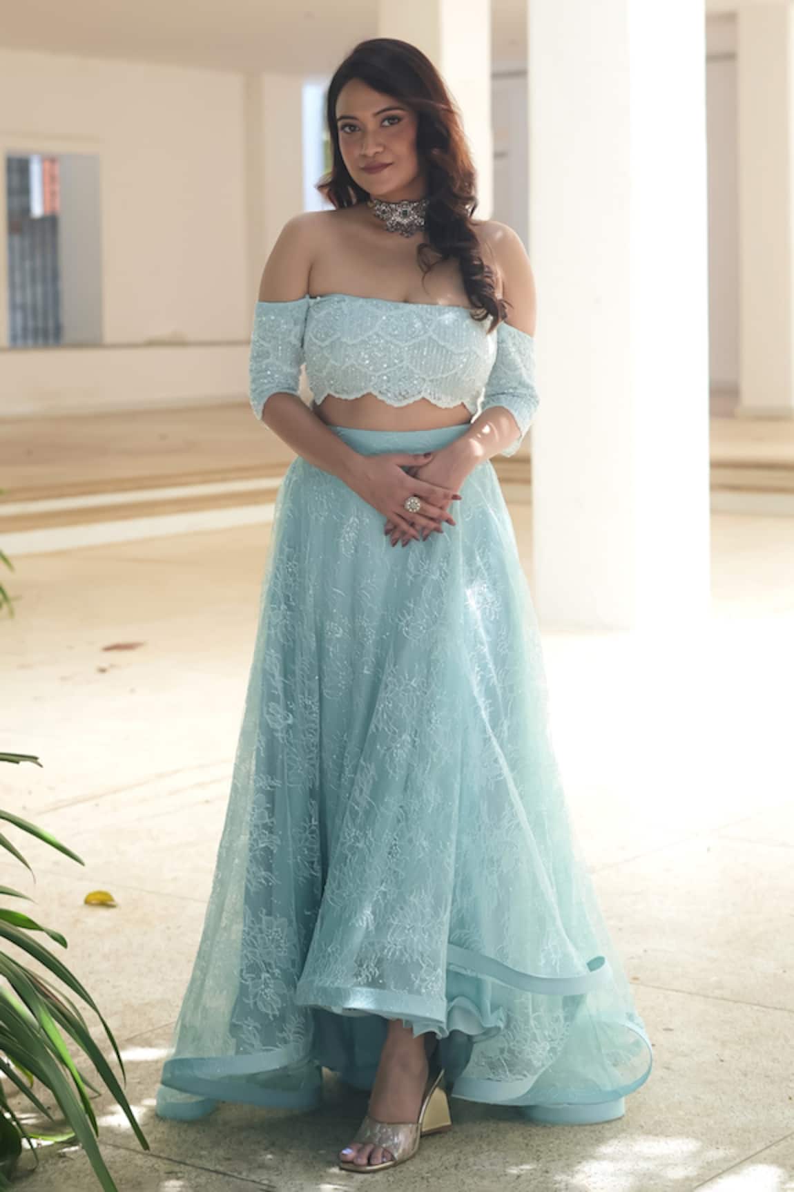 Pooja Bagaria Powder Blue Off Shoulder Skirt Set 
