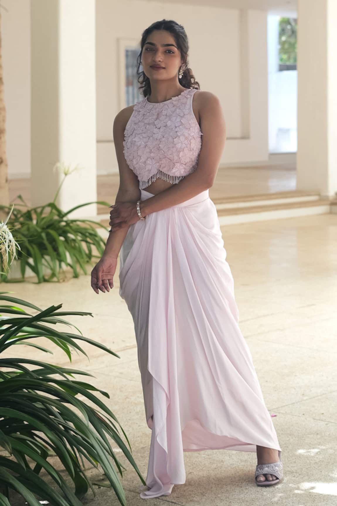 Pooja Bagaria Pastel Pink Monotone Draped Skirt Set 