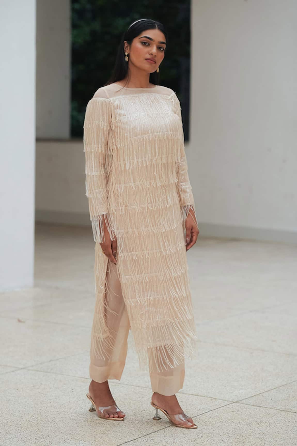 Pooja Bagaria Cream Tassel Shift Dress 