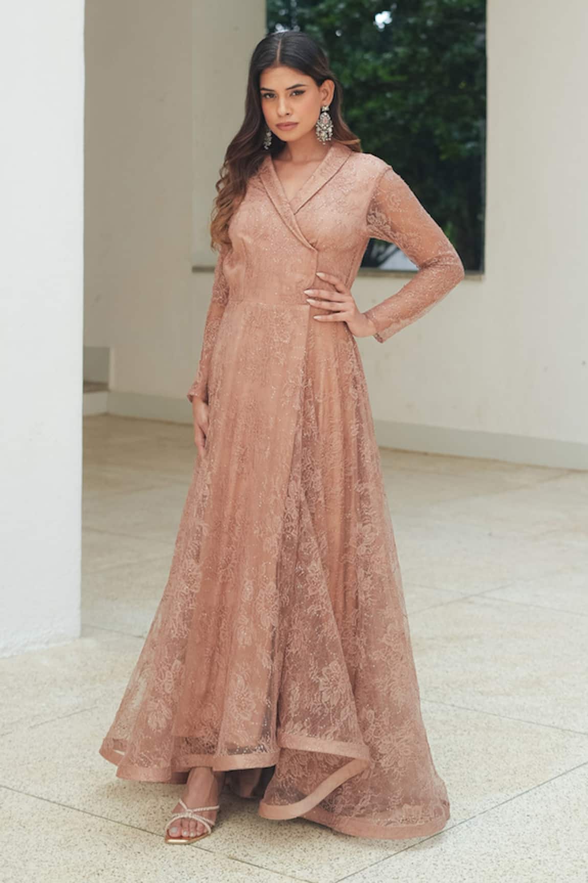 Pooja Bagaria Sequin Chantilly Lapel Cocktail Gown 