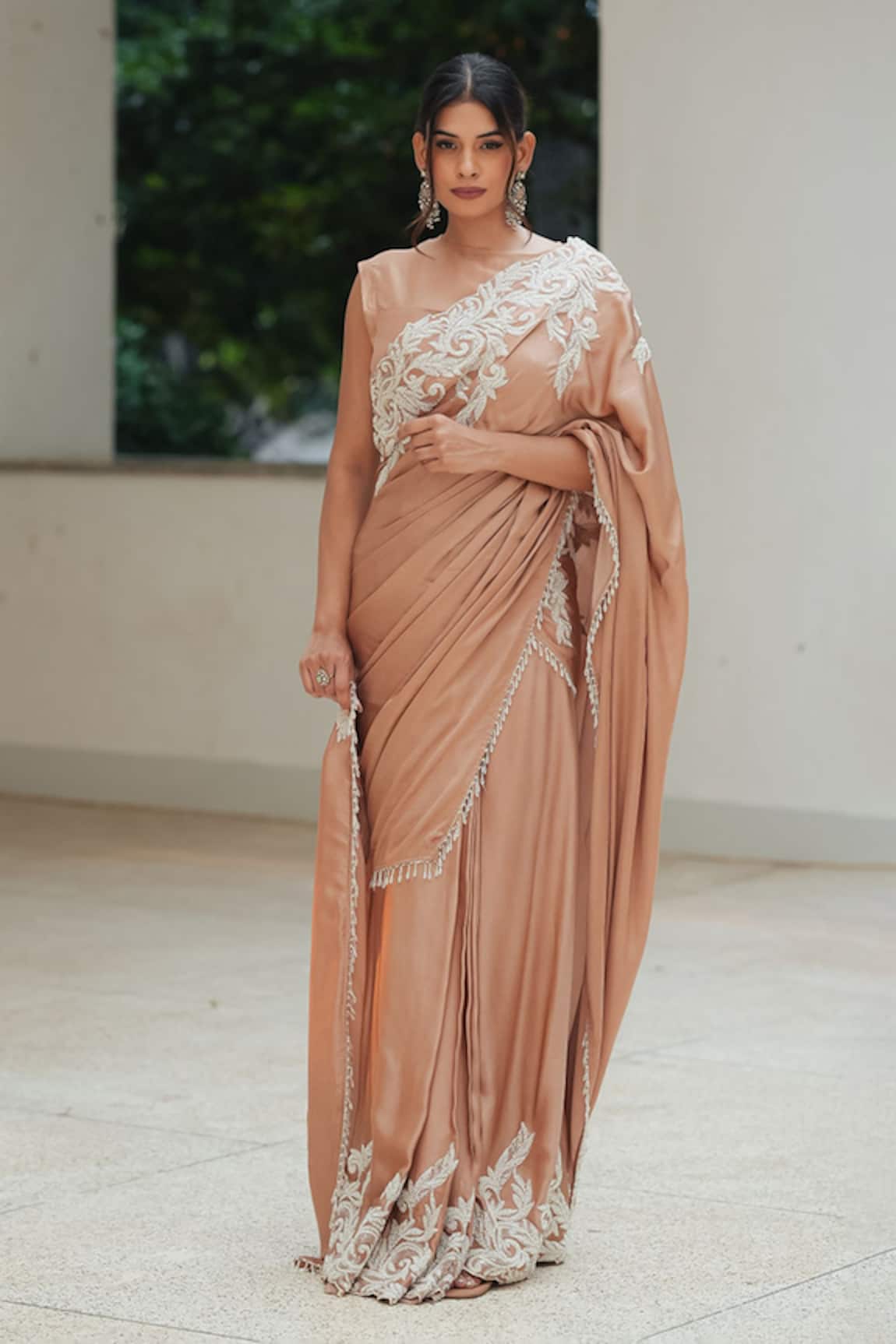 Pooja Bagaria Beige Satin Beaded Border Split Saree 