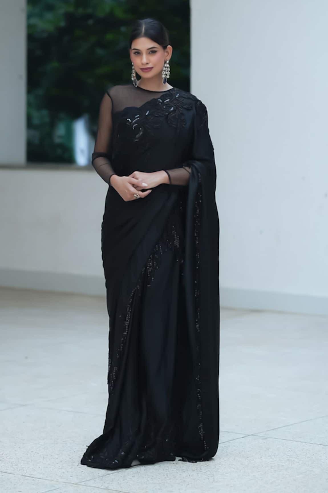 Pooja Bagaria Black Satin Beaded Border Split Saree 