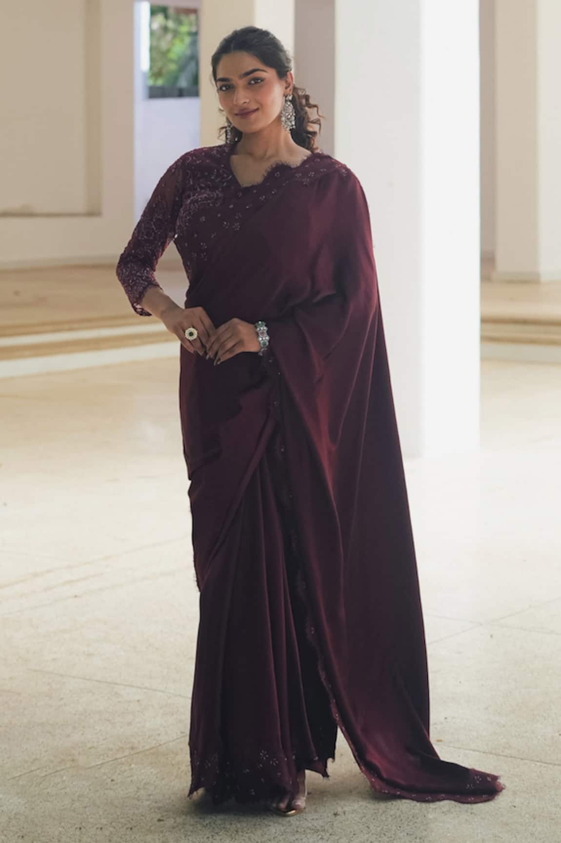 Pooja Bagaria Burgundy Satin Chantilly Saree 