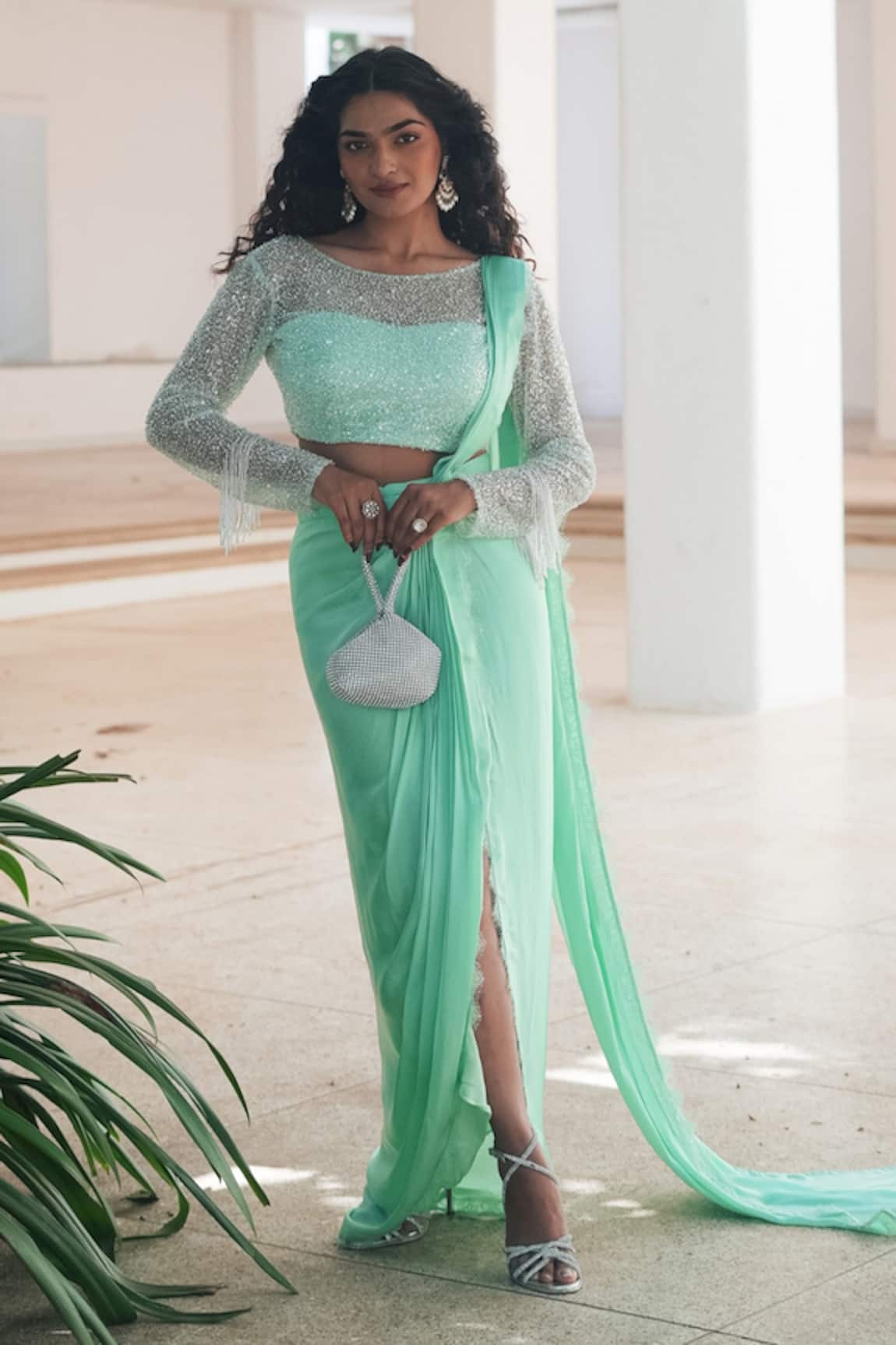 Pooja Bagaria Mint Green Draped Saree Set 