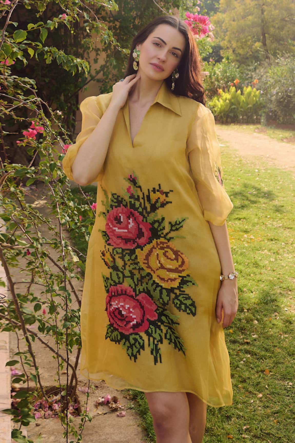 Nika 1.0 Mustard Organza Cross Stitch Dress 