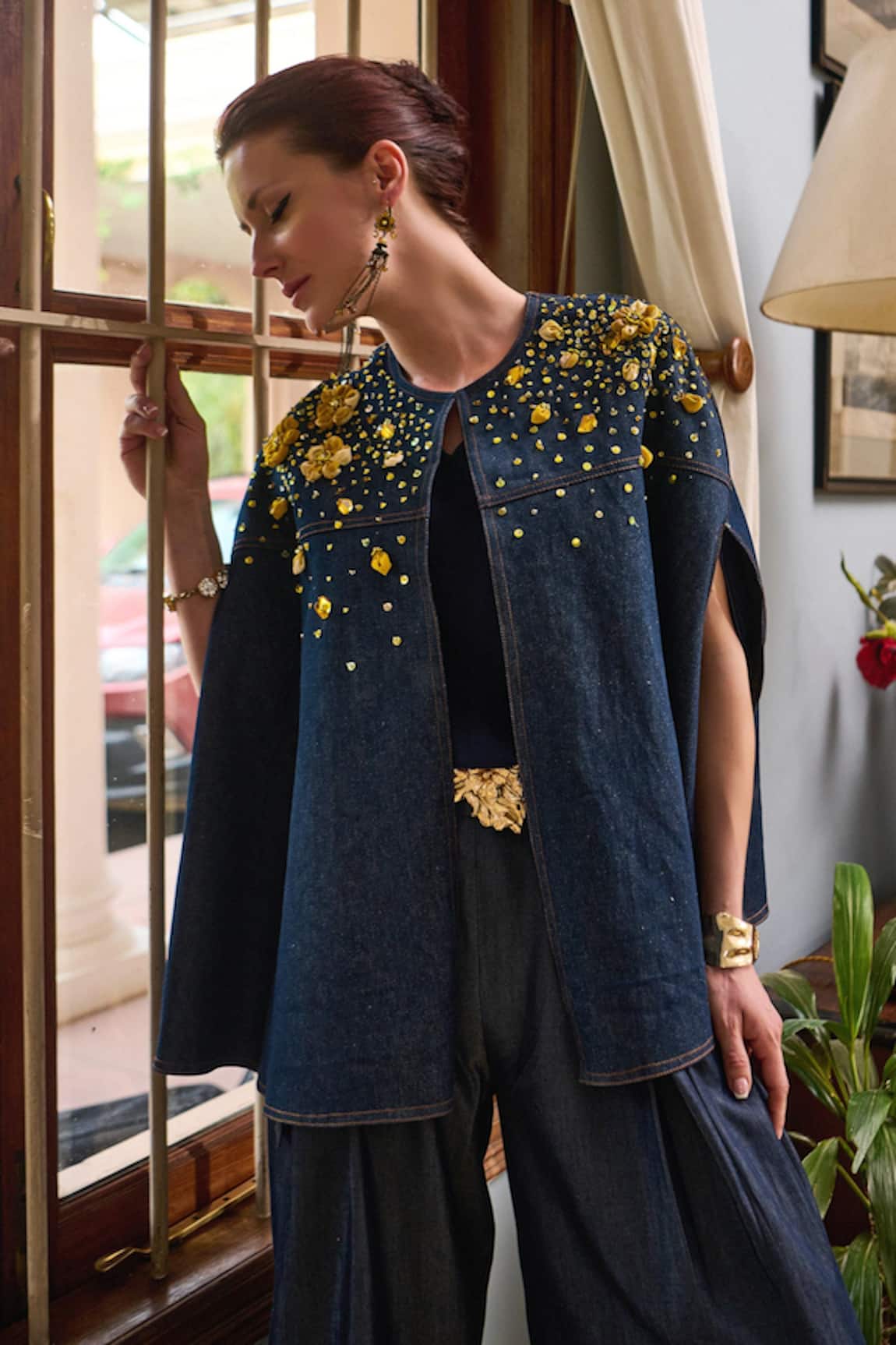 Nika 1.0 Designer Denim Cape with Pearl Embellishments 