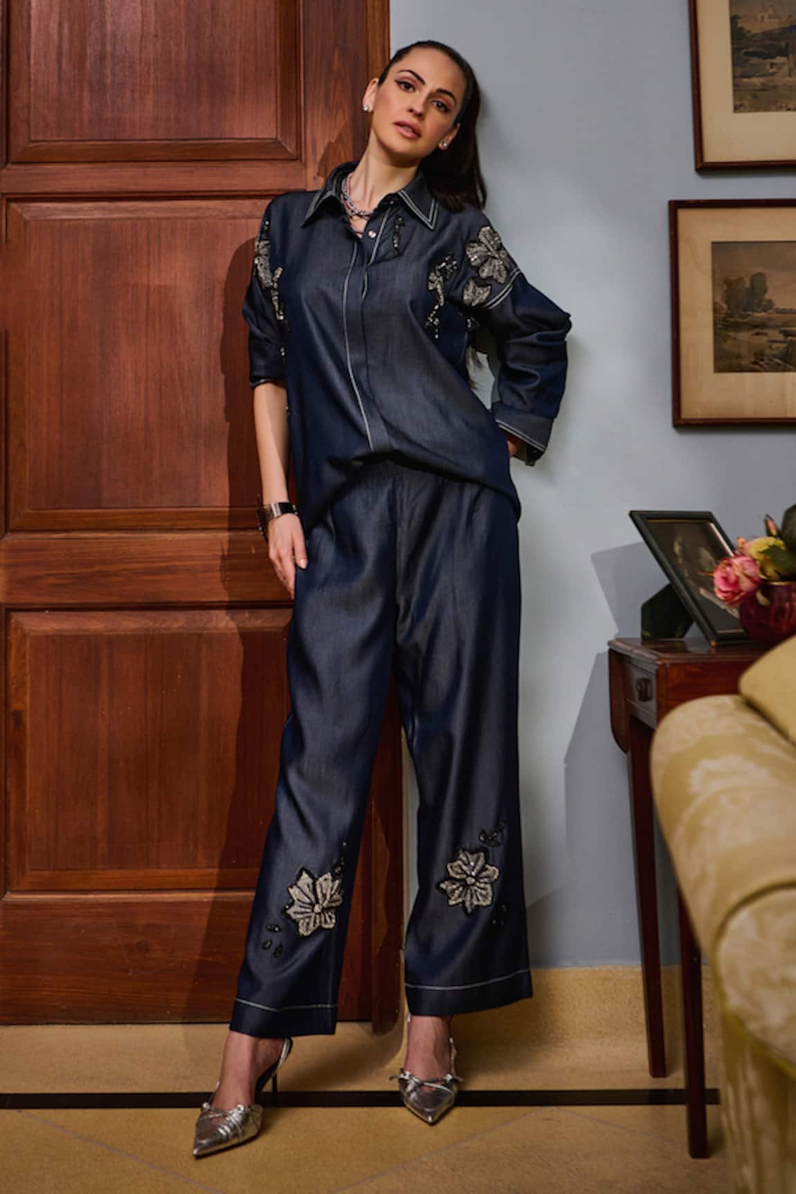 Nika 1.0 Denim Embroidered Coord Set 
