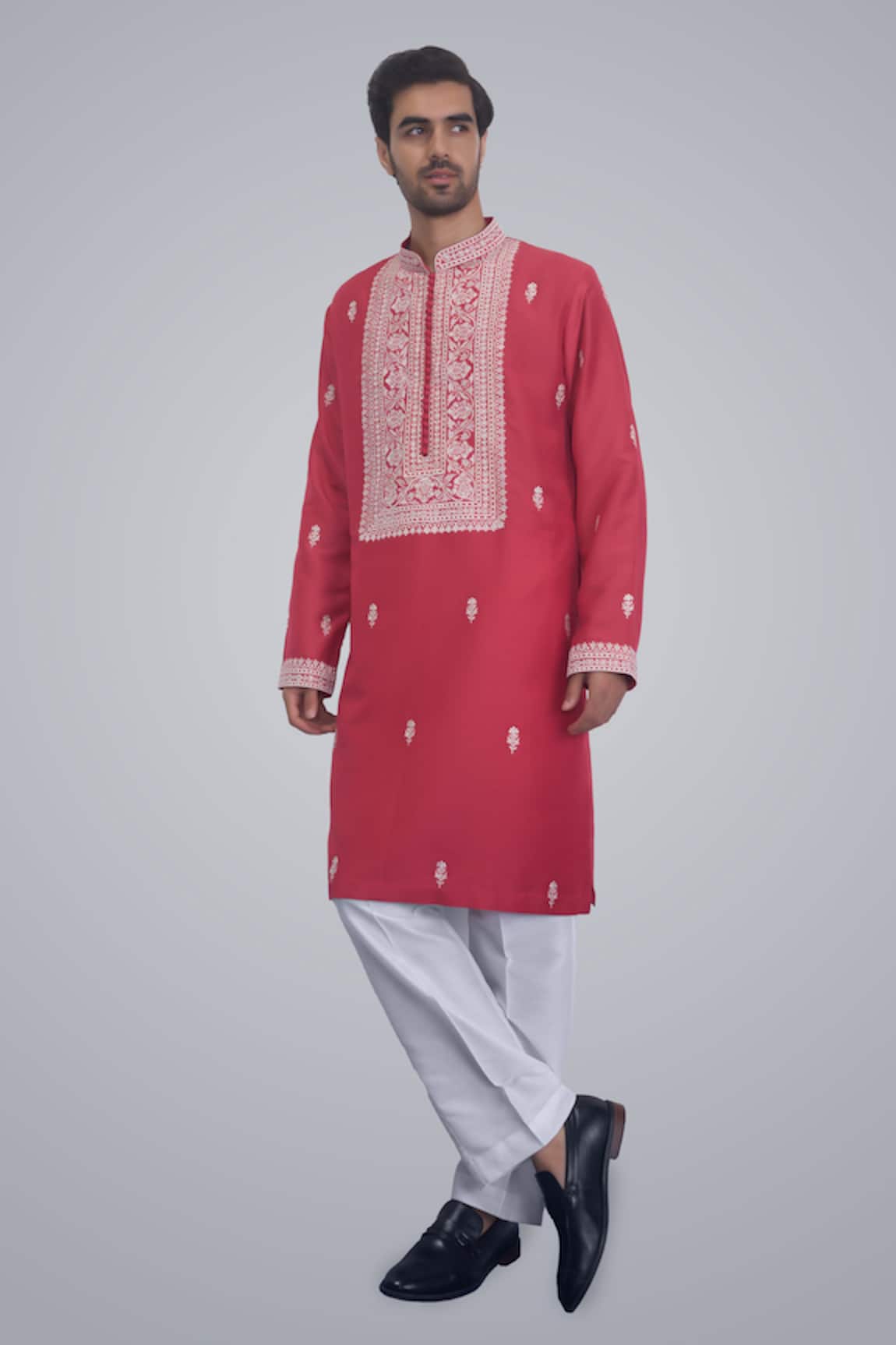 Sanjev Marwaaha Red Cotton Silk Embroidered Kurta Set 
