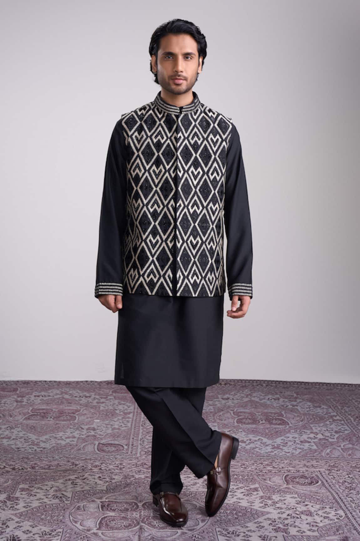 Sanjev Marwaaha Black Designer Kurta Set with Bundi 