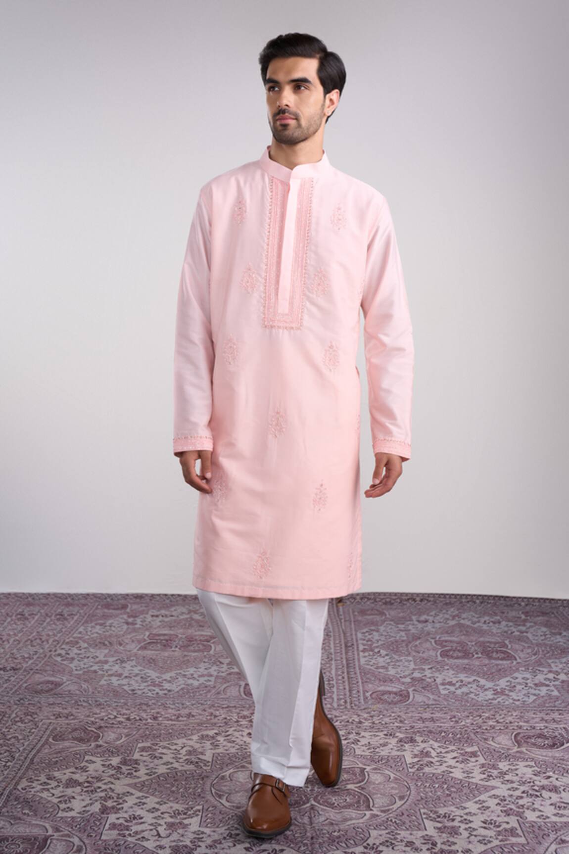 Sanjev Marwaaha Peach Embroidered Kurta Set 
