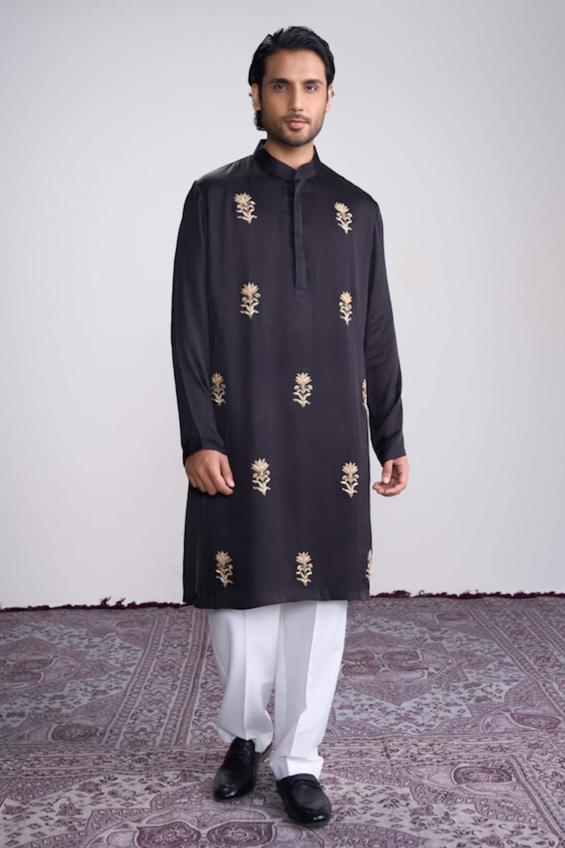 Sanjev Marwaaha Black Embroidered Modal Silk Kurta Set 