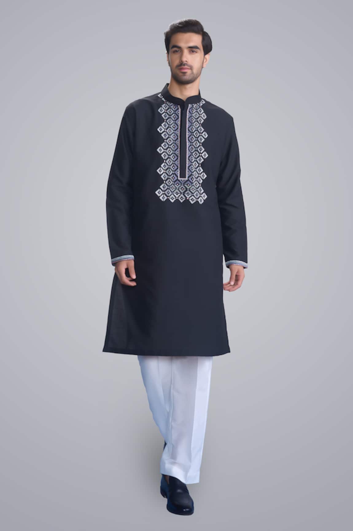 Sanjev Marwaaha Black Cotton Silk Embroidered Kurta Set 