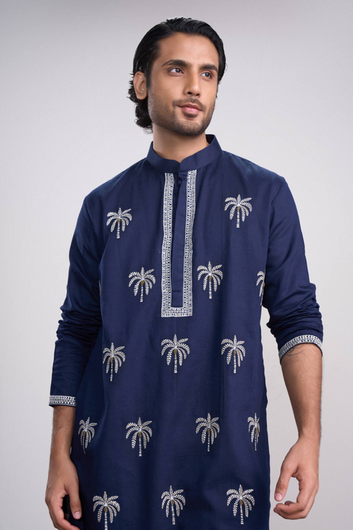 Sanjev Marwaaha Navy Blue Designer Kurta Pant Set 
