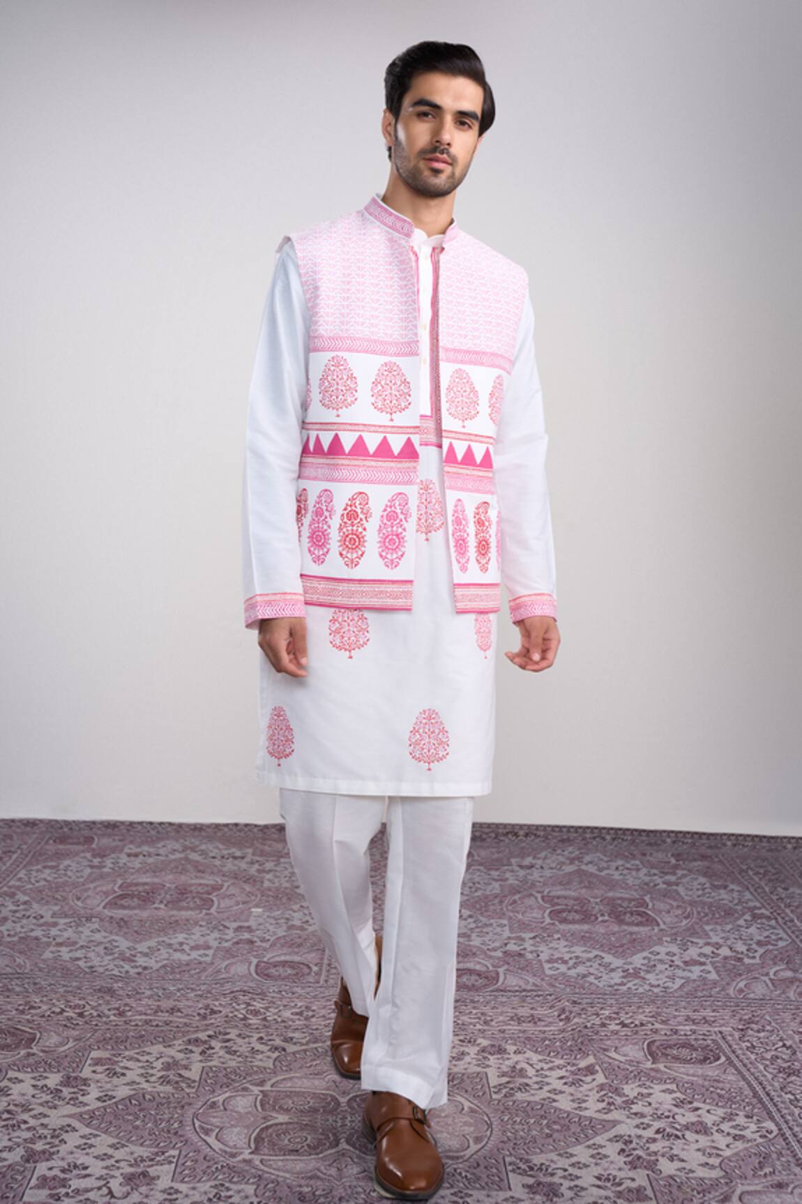Sanjev Marwaaha Ivory Cotton Silk Bundi Kurta Set 