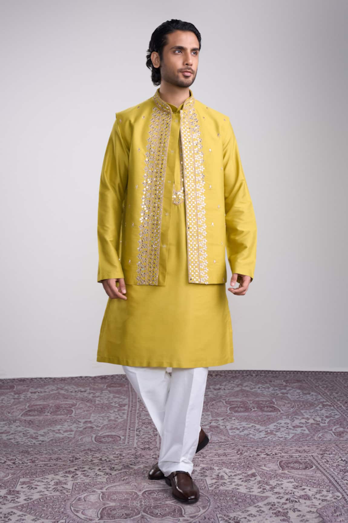 Sanjev Marwaaha Yellow Cotton Silk Embroidered Kurta Set 