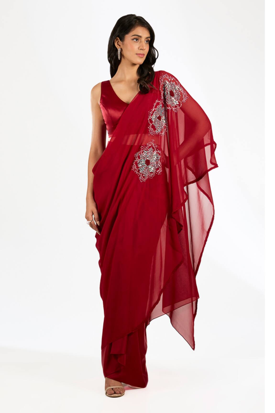 Anjali Kanwar Red Georgette Beaded Cape Set 