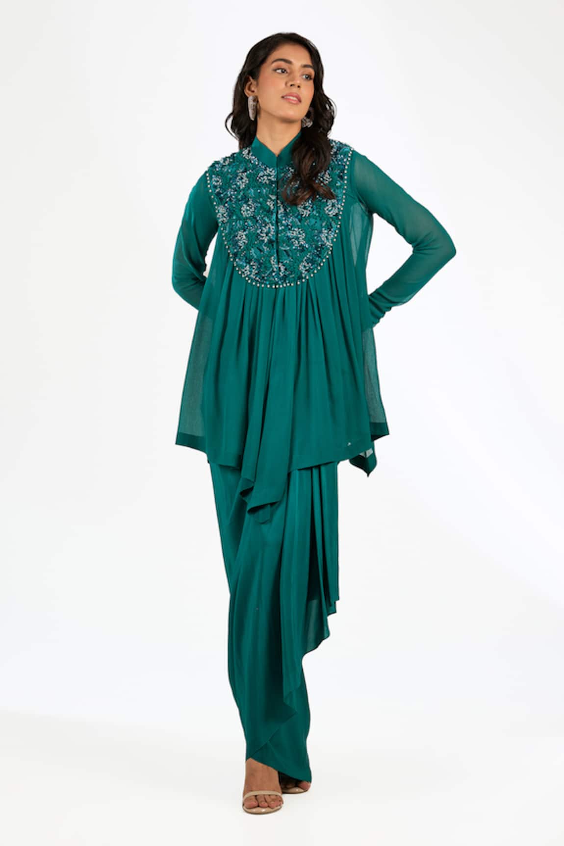 Anjali Kanwar Emerald Green Beaded Chiffon Top & Crepe Skirt 