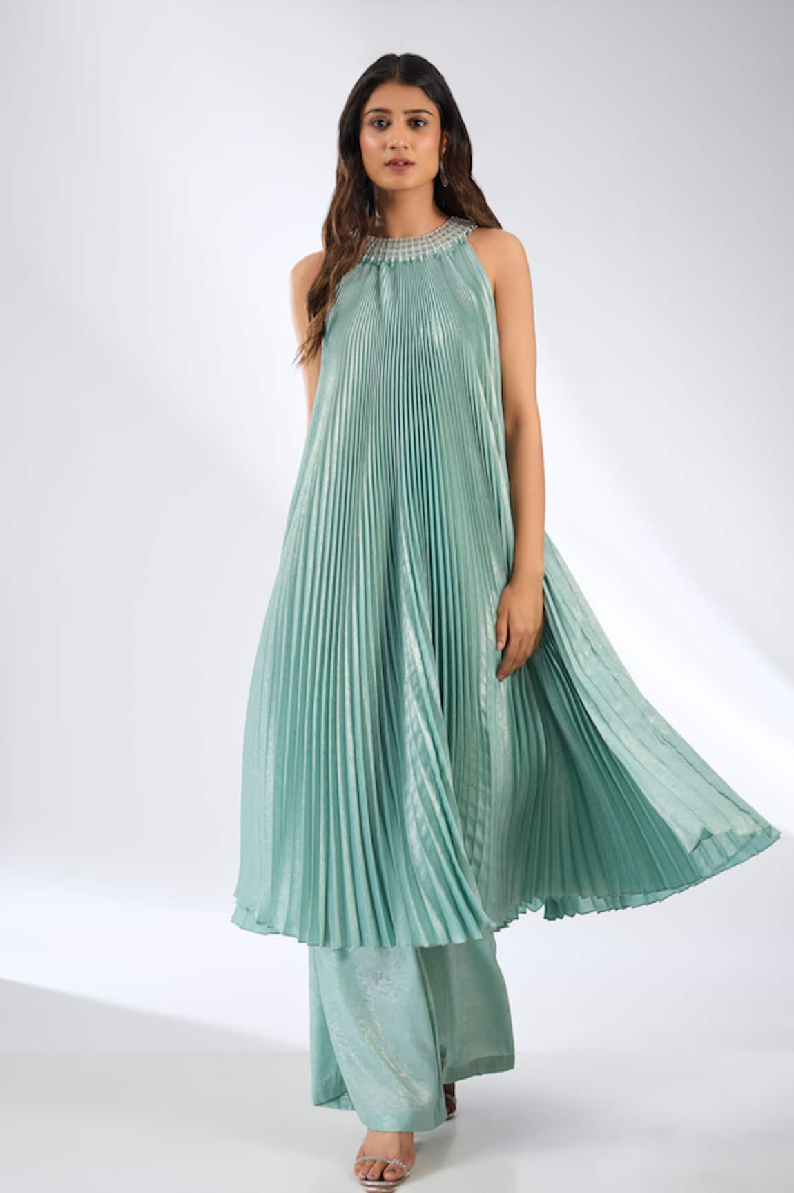 Anjali Kanwar Pleated Mint Green Kurta Trouser Set 
