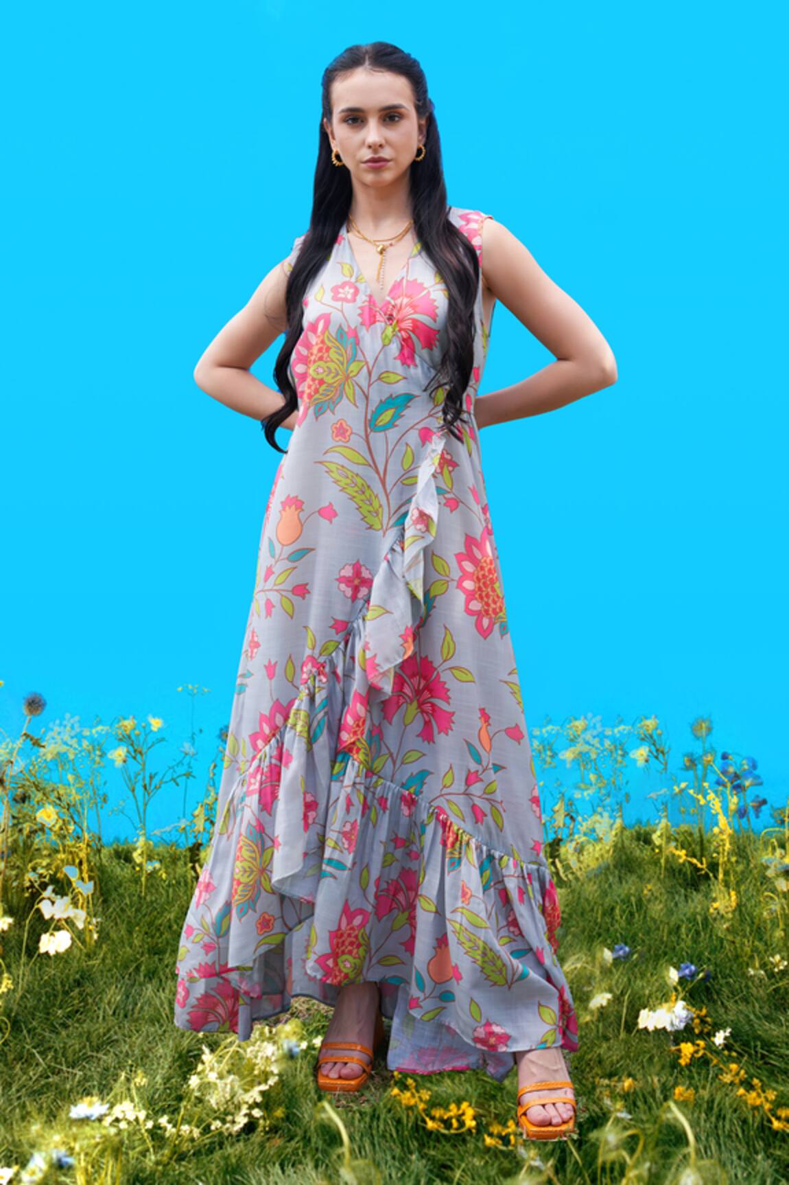Sajeda A Lehry Eden Long Aqua Floral Dress 