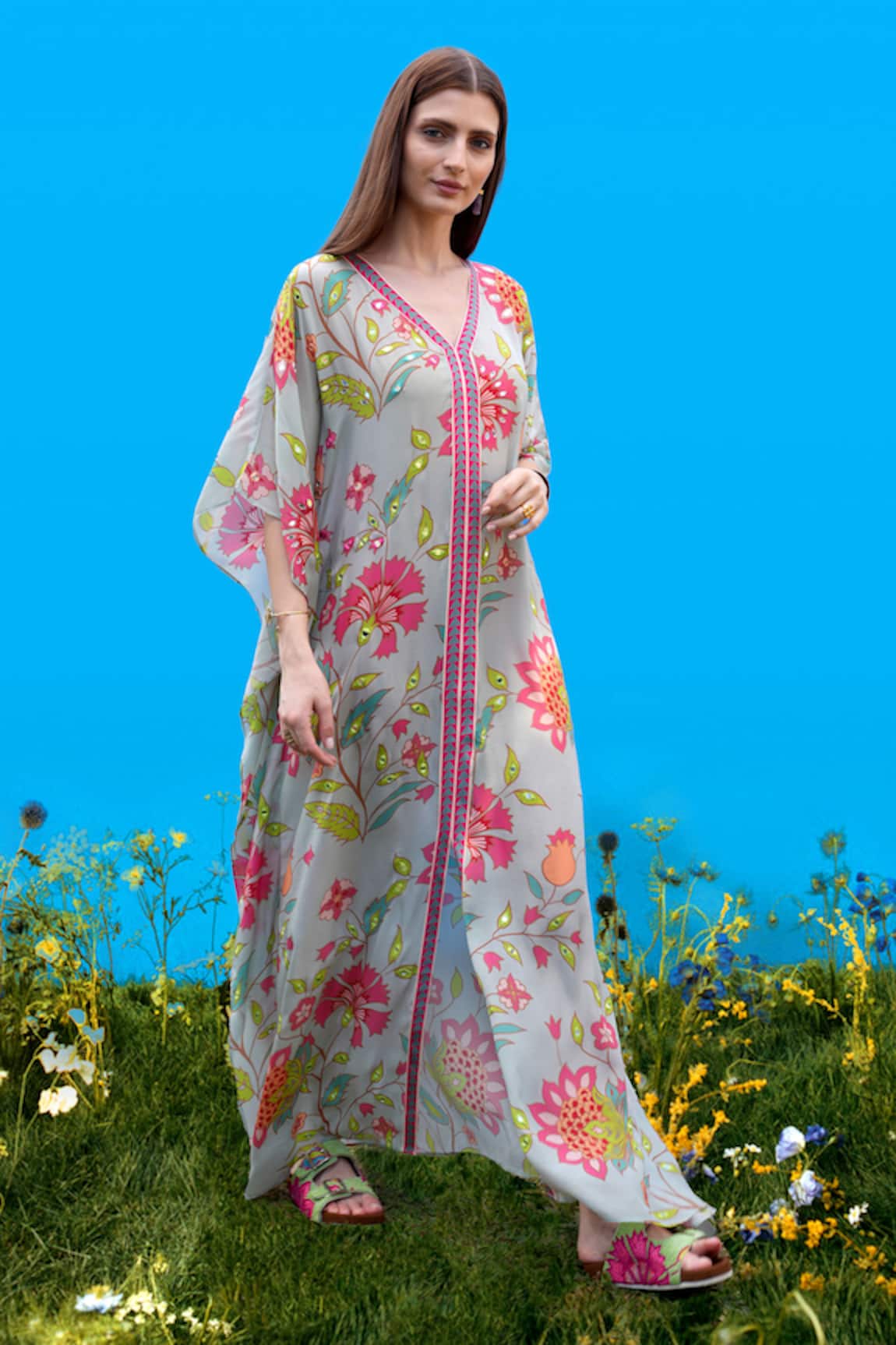 Sajeda A Lehry Hand Embroidered Kaftan in Jade Aqua 