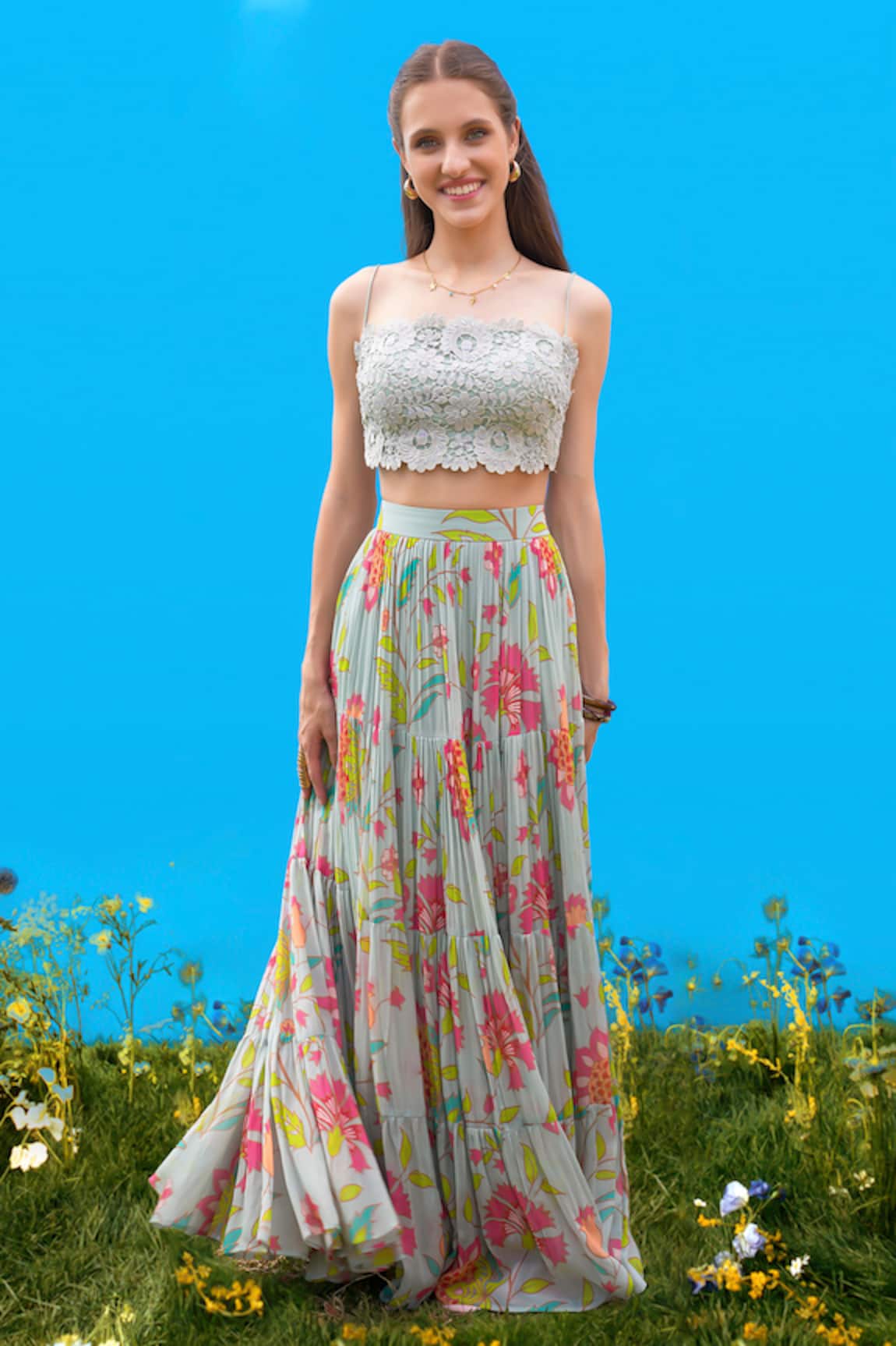 Sajeda A Lehry Liana Aqua Hand Embroidered Top & Skirt Set 