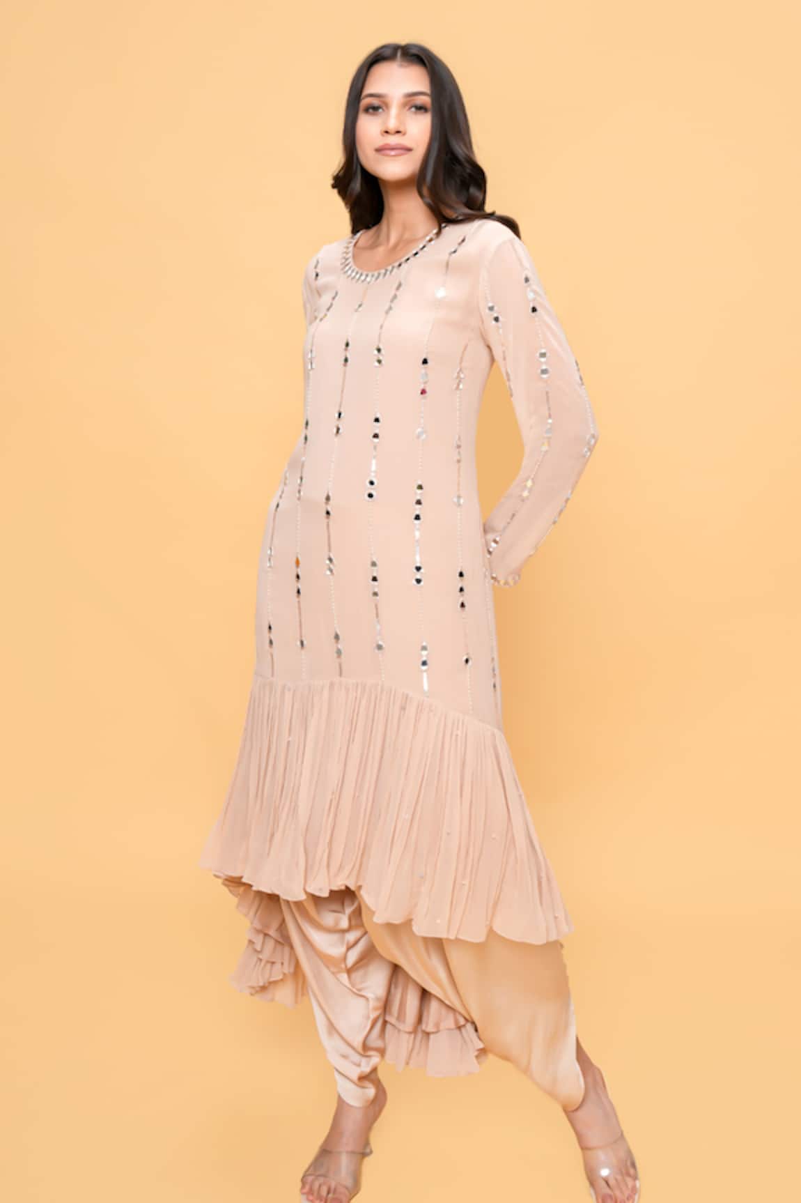 Sajeda A Lehry Hand Embroidered Beige Kurta & Dhoti Pant Set 