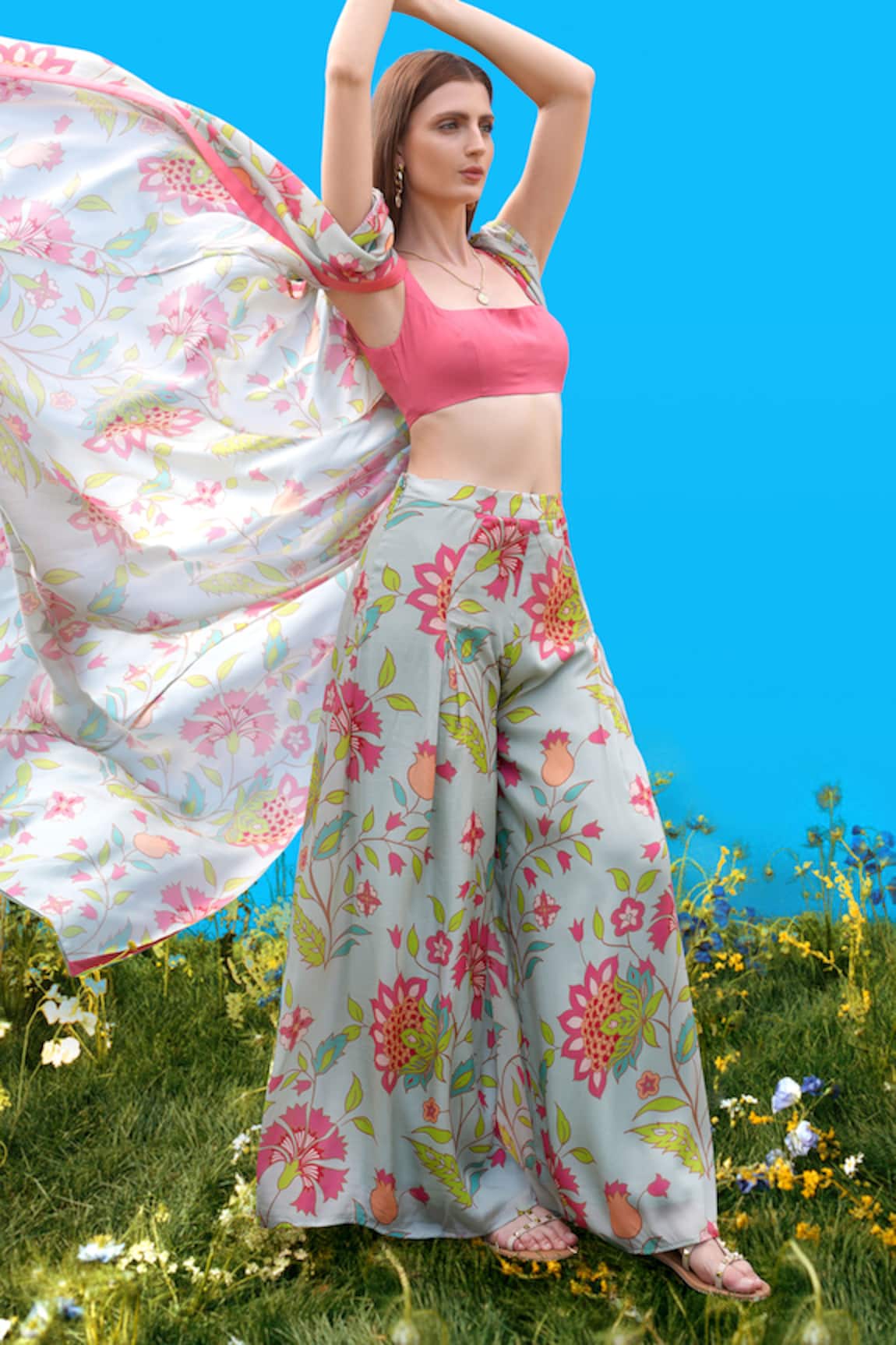 Sajeda A Lehry Floral Print Cape & Pant Set 