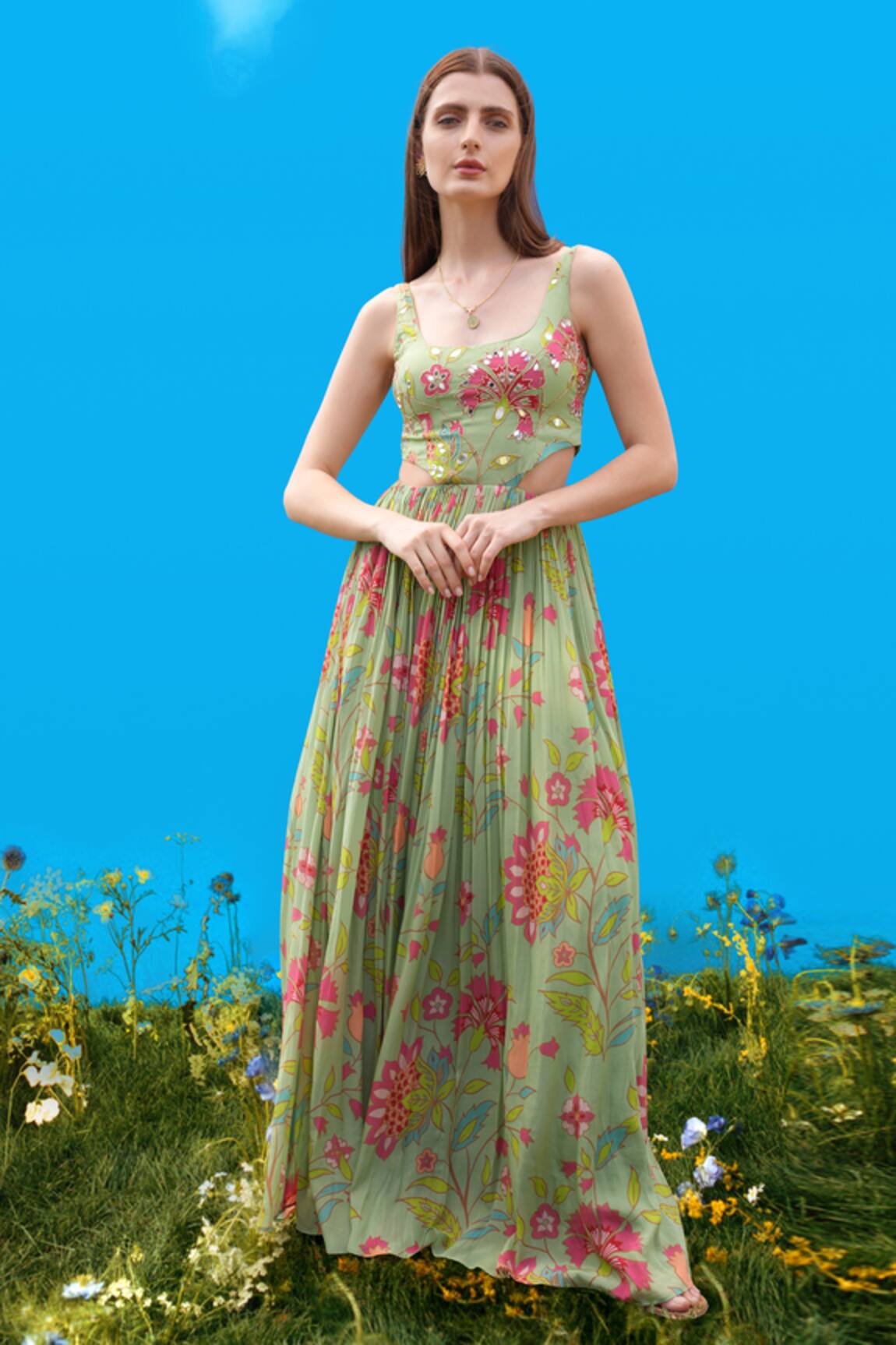 Sajeda A Lehry Hand Embroidered Pista Green Dress 