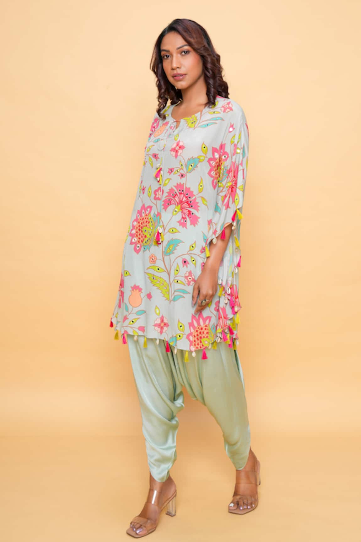 Sajeda A Lehry Floral Aqua Kaftan & Dhoti Pant Set 
