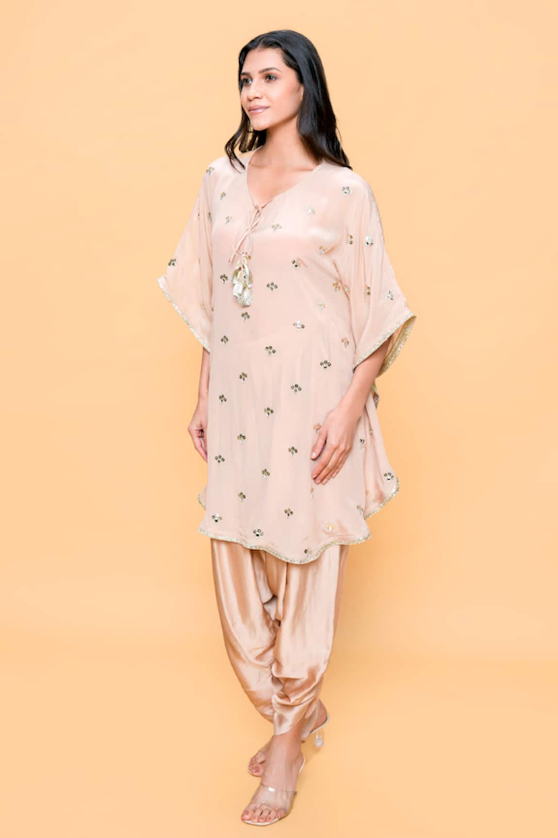 Sajeda A Lehry Hand Embroidered Beige Kaftan & Dhoti Pant 