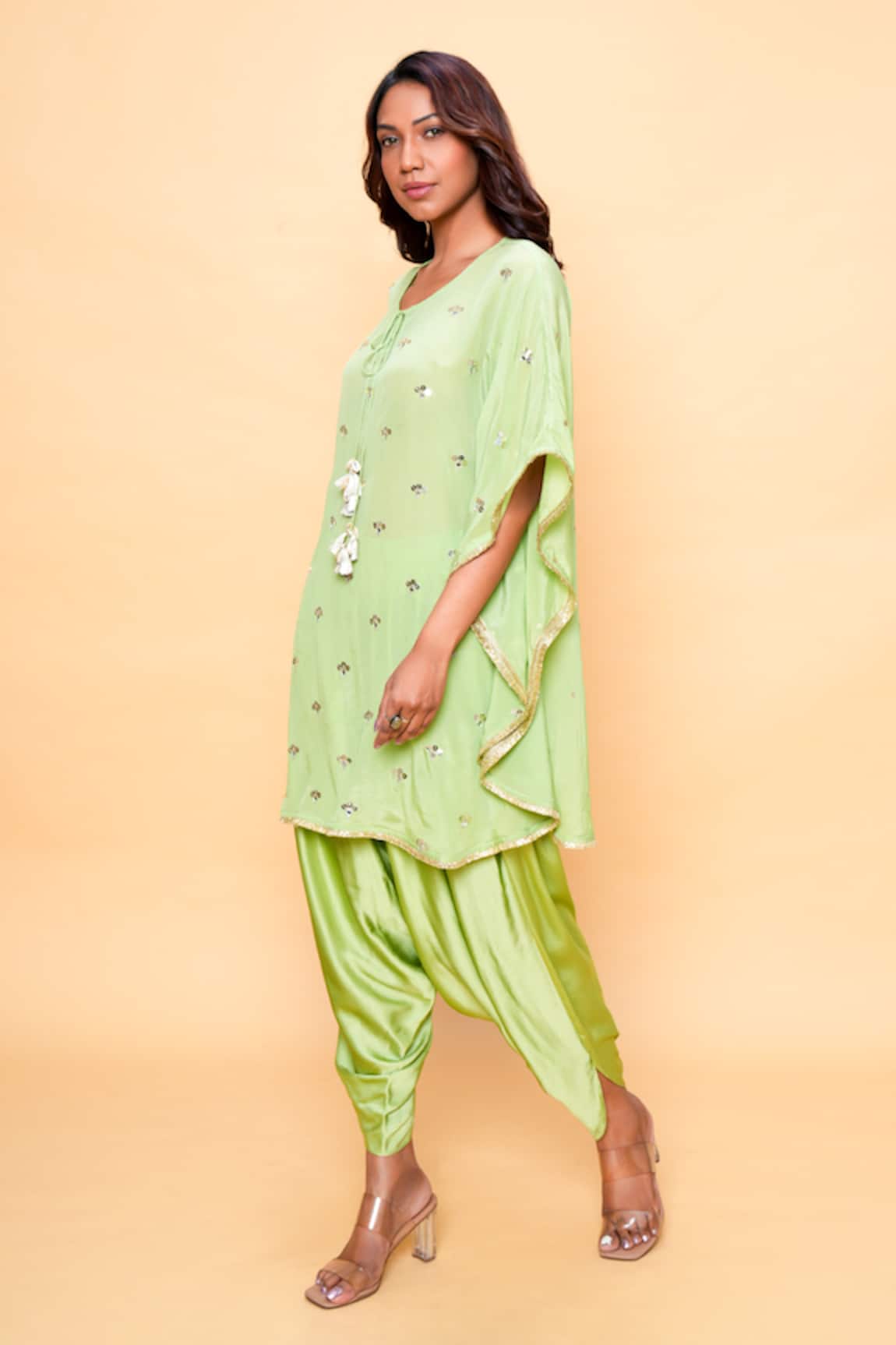 Sajeda A Lehry Hand Embroidered Pista Green Kaftan Set 