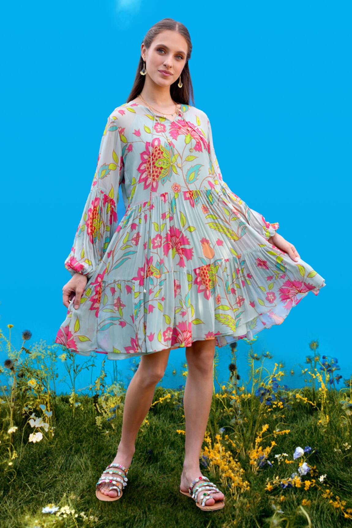 Sajeda A Lehry Floral Hand Embroidered Aqua Dress 