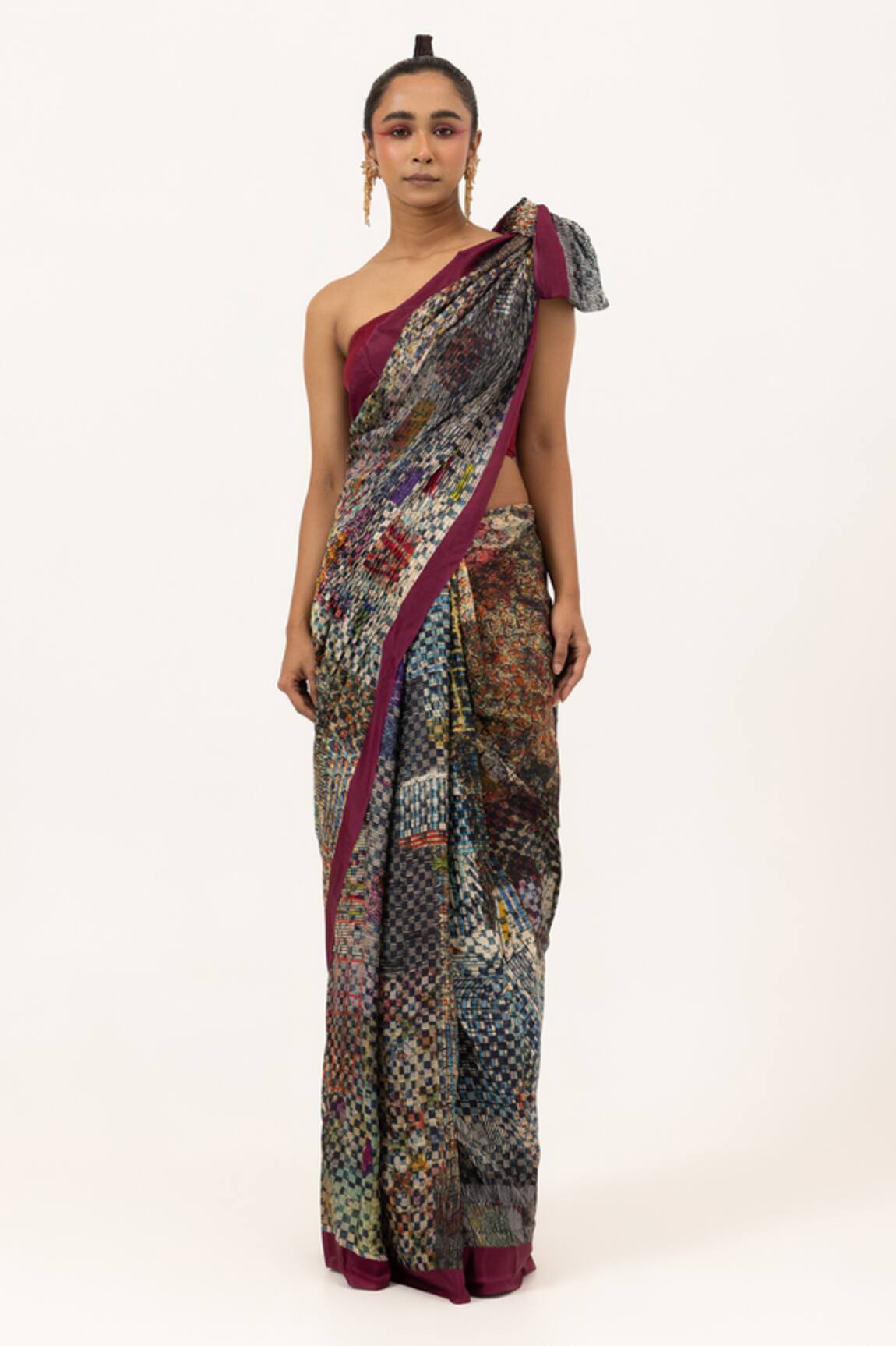 Unallume By Nisha Wine Camouflage Silk Saree 