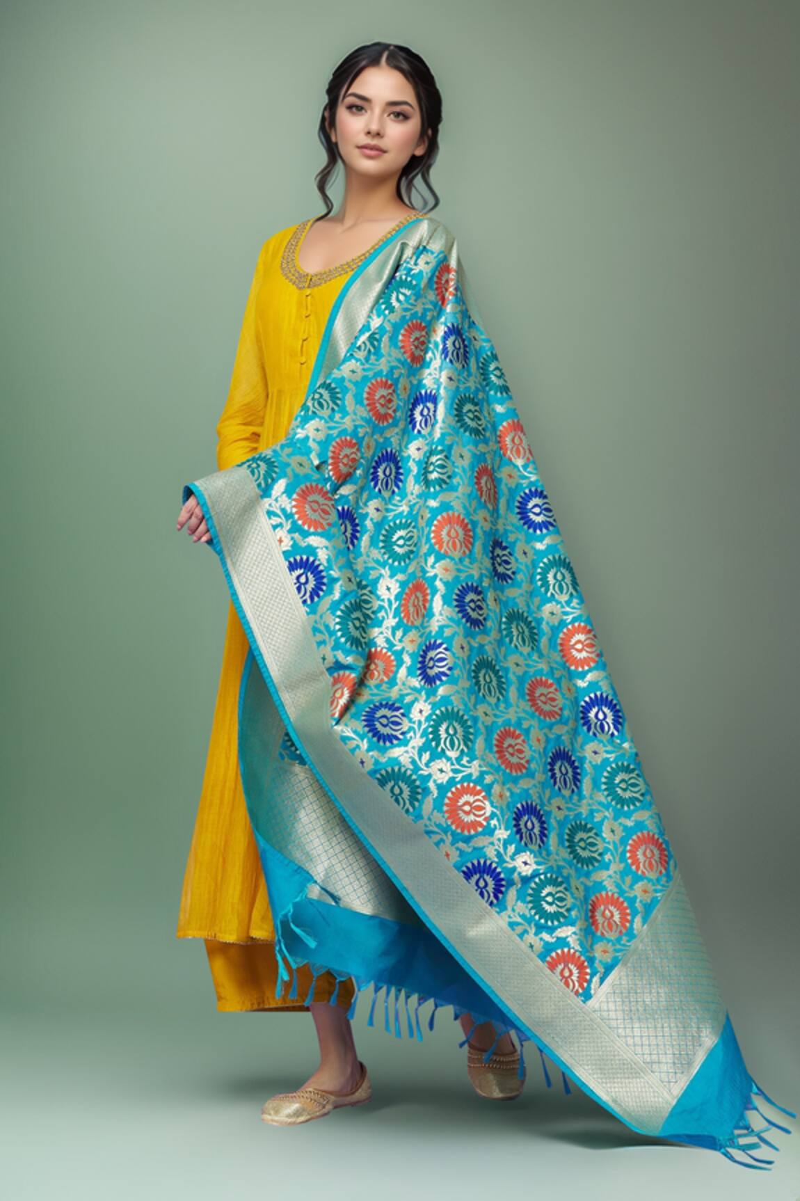 Naintara Bajaj Botanic Woven Floral Fringe Hem Dupatta