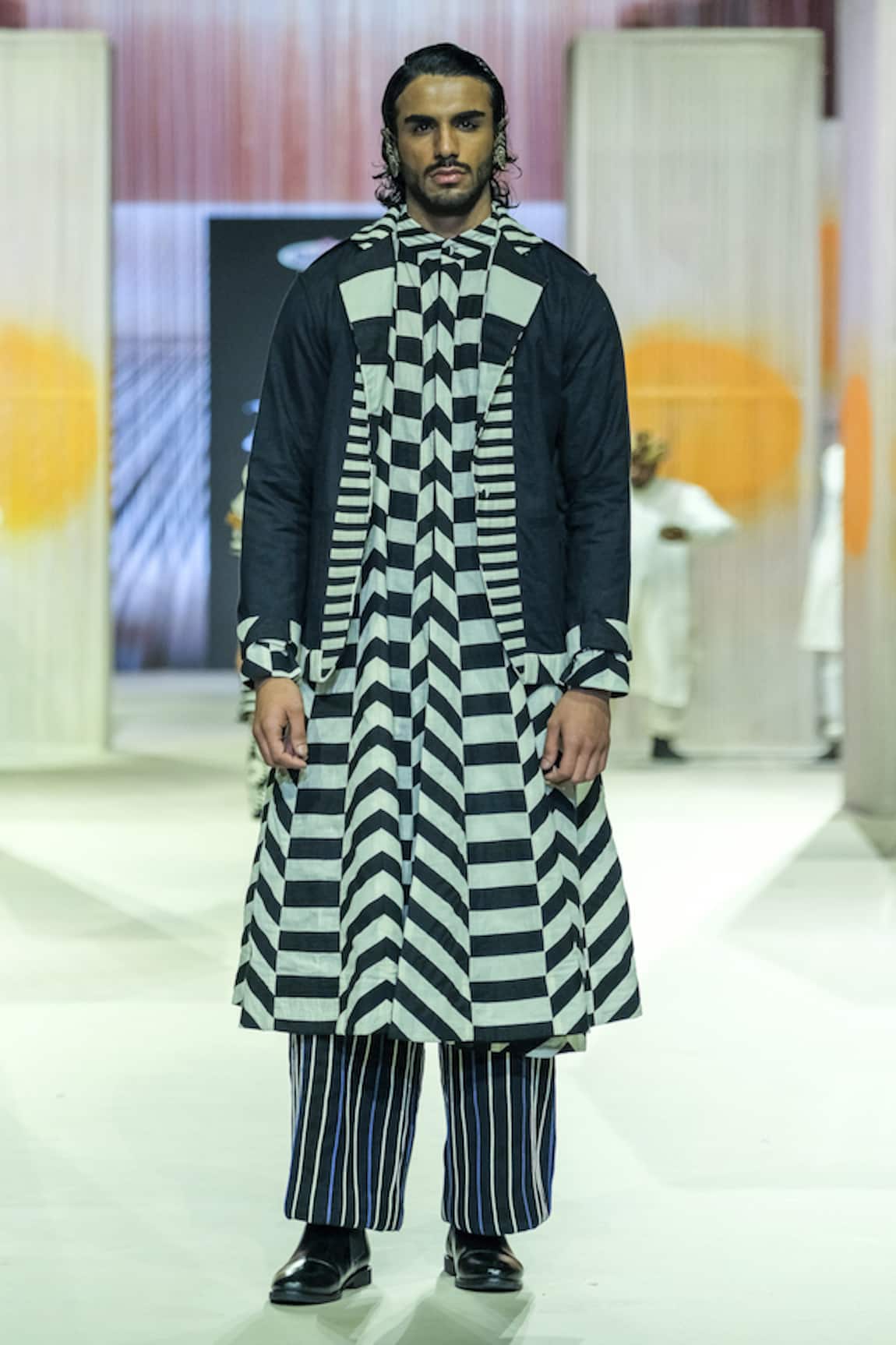 KA-Sha Black & White Striped Kurta 