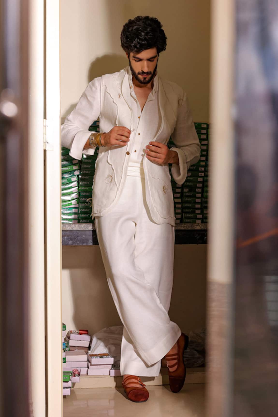 Jatin Malik Ivory Linen Blend Designer Set 
