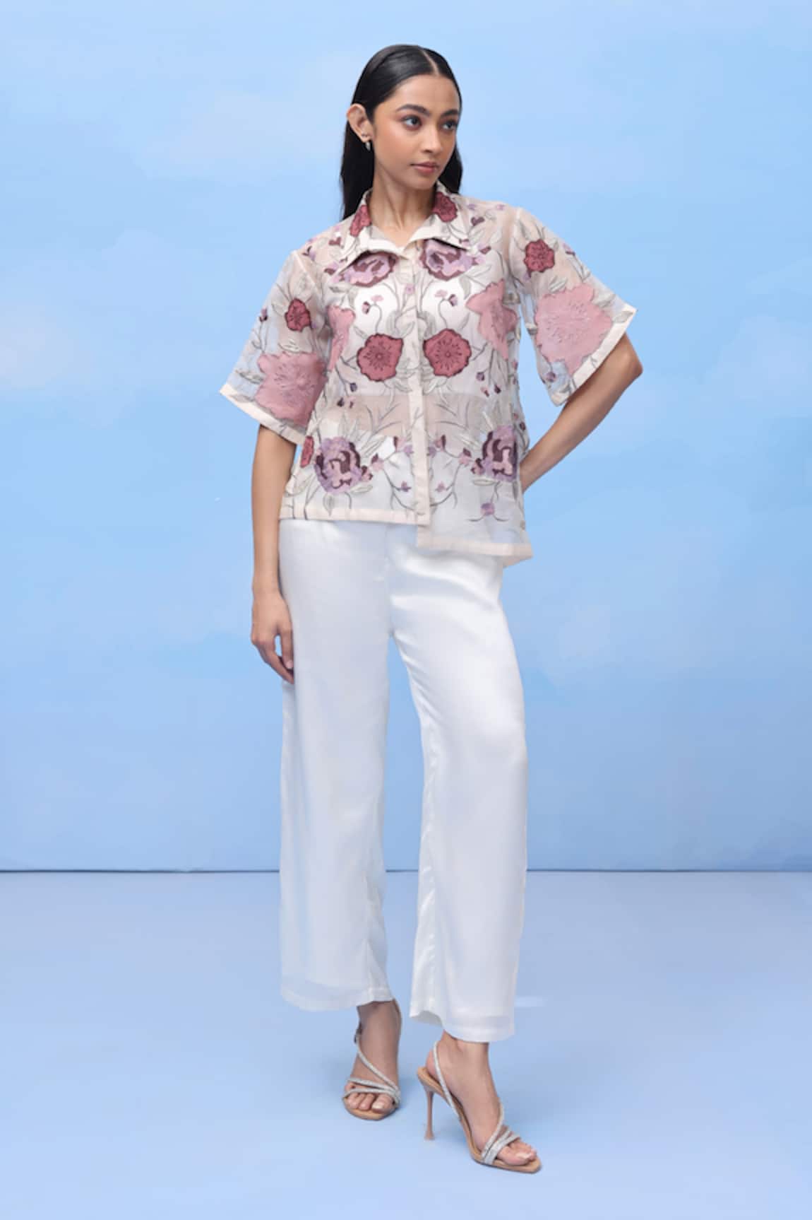 COUCHÉ BY ANANDINI Sweet Cherry Blossom Print Silk Organza Shirt 