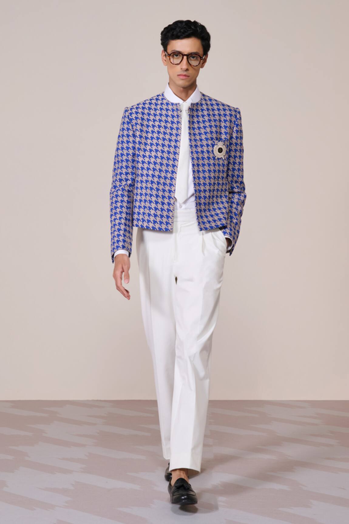 S&N By Shantnu Nikhil Houndstooth Print Racer Blue Jacket 