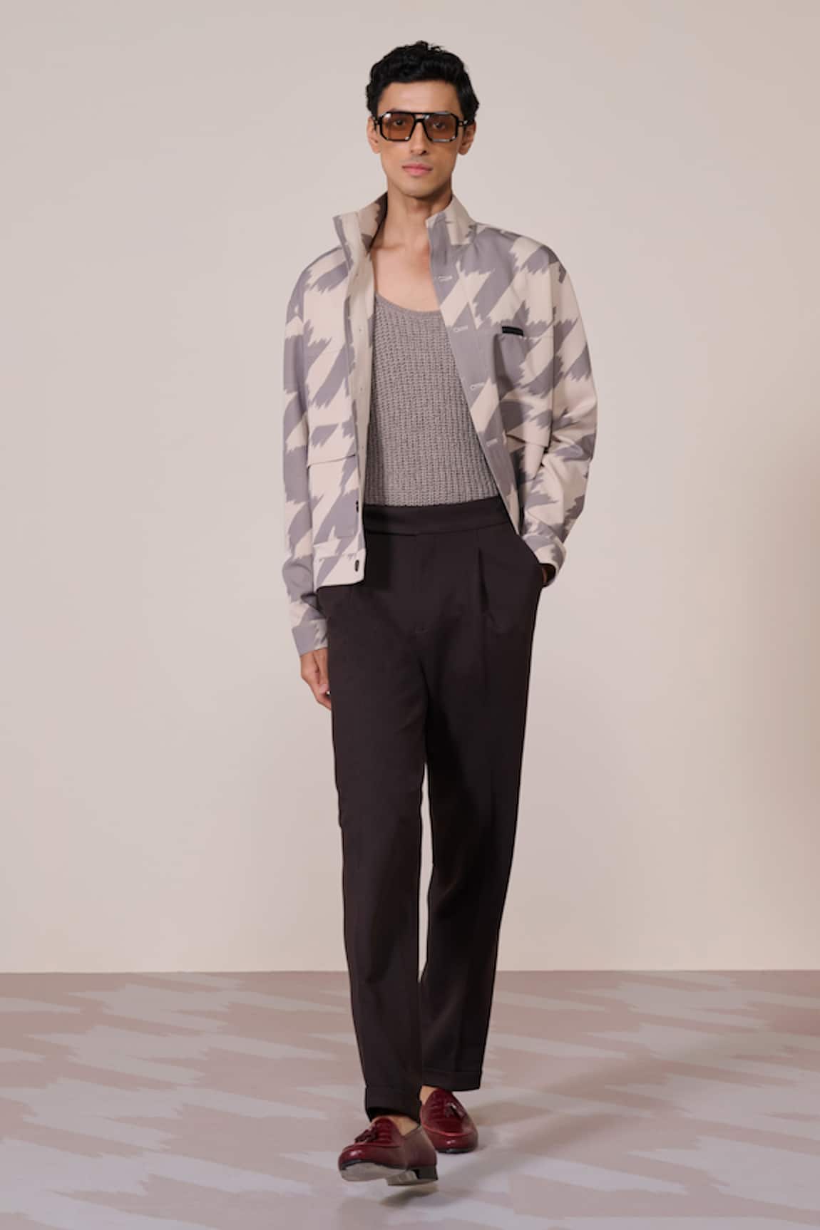 S&N By Shantnu Nikhil Khaki Houndstooth Print Designer Jacket 