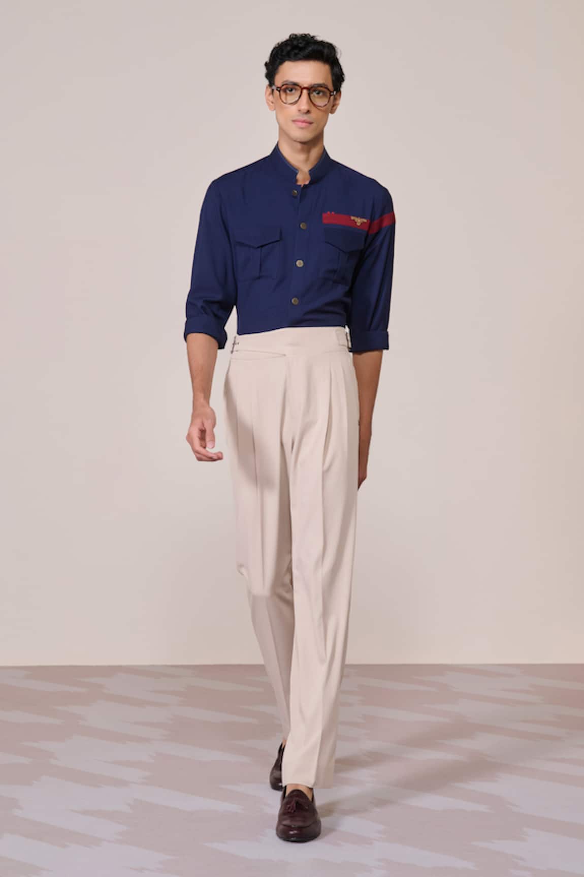S&N By Shantnu Nikhil Navy Slim Fit Shirt with Faux Leather Details 