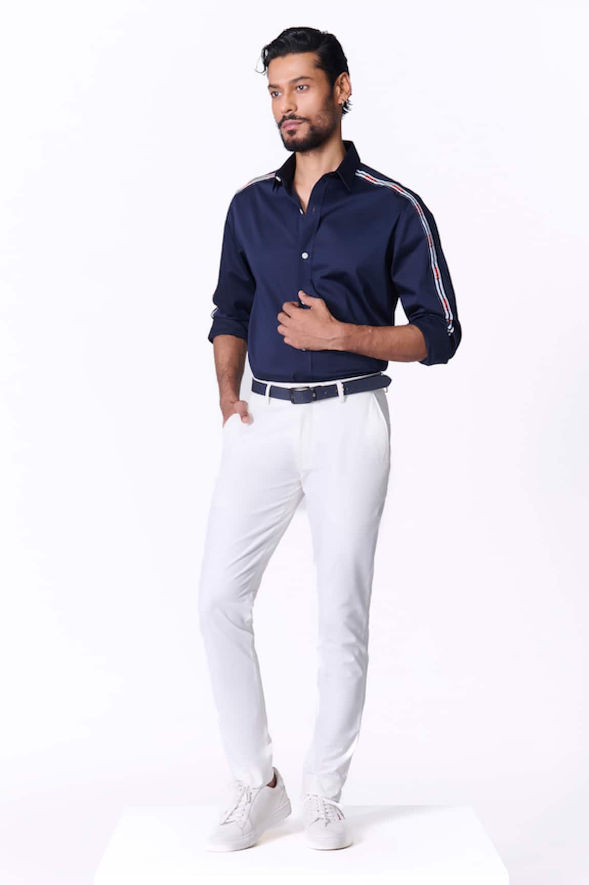 S&N By Shantnu Nikhil Navy Striped Piping Slim Fit Shirt 