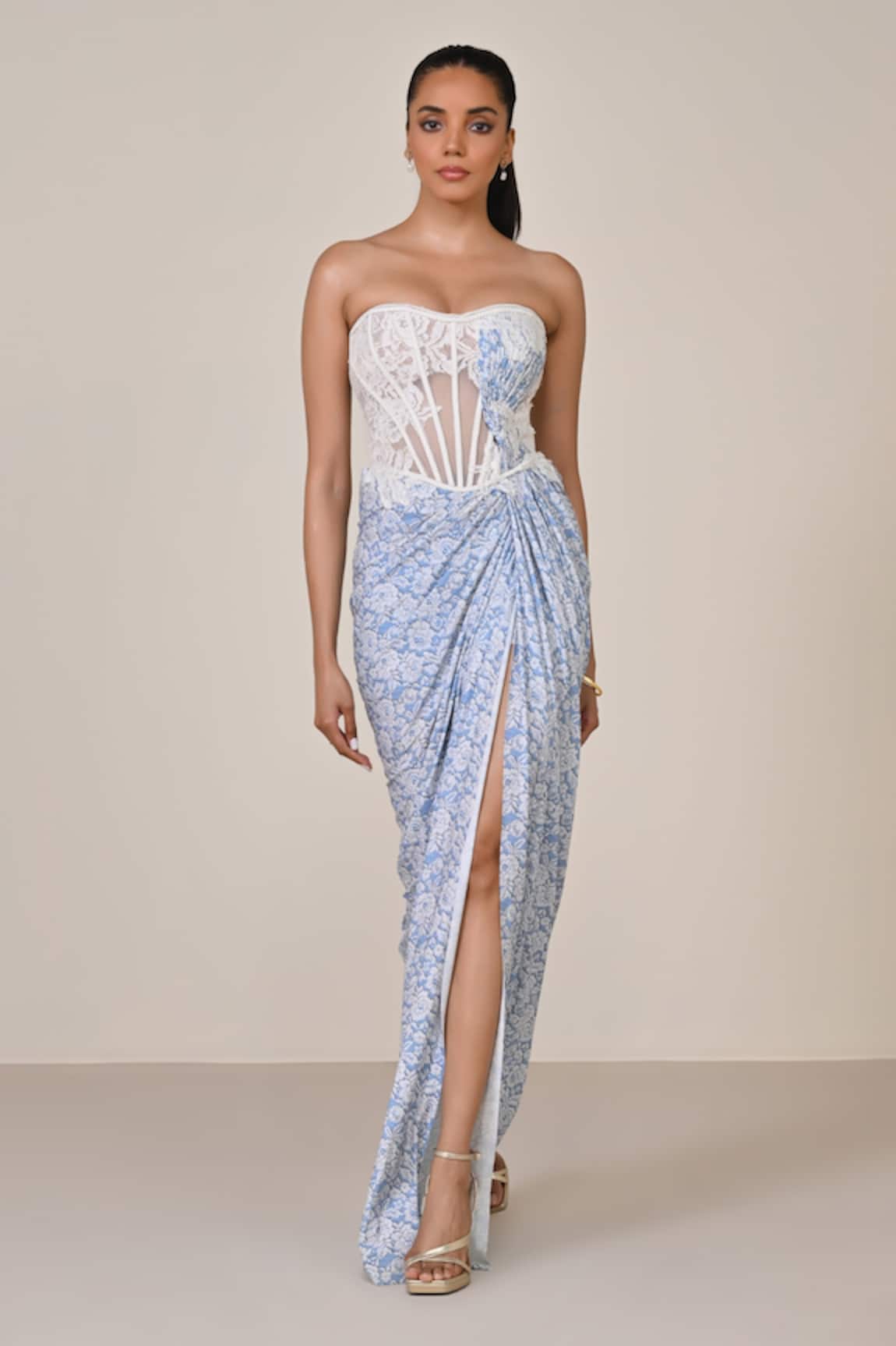 S&N By Shantnu Nikhil Light Blue Applique Corset Gown 