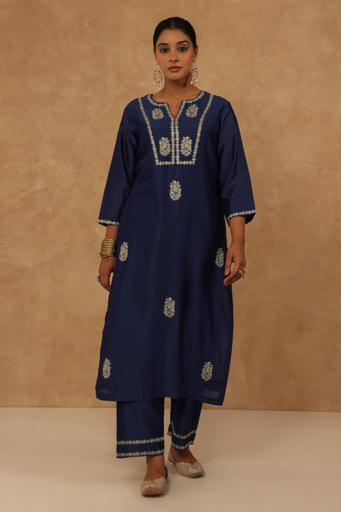 Charu Makkar Navy Blue Silk Chanderi Kurta Pant Set 