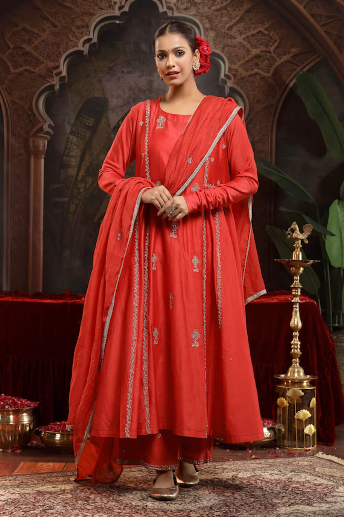 Miku Kumar Red Chanderi Silk Anarkali Suit Set 