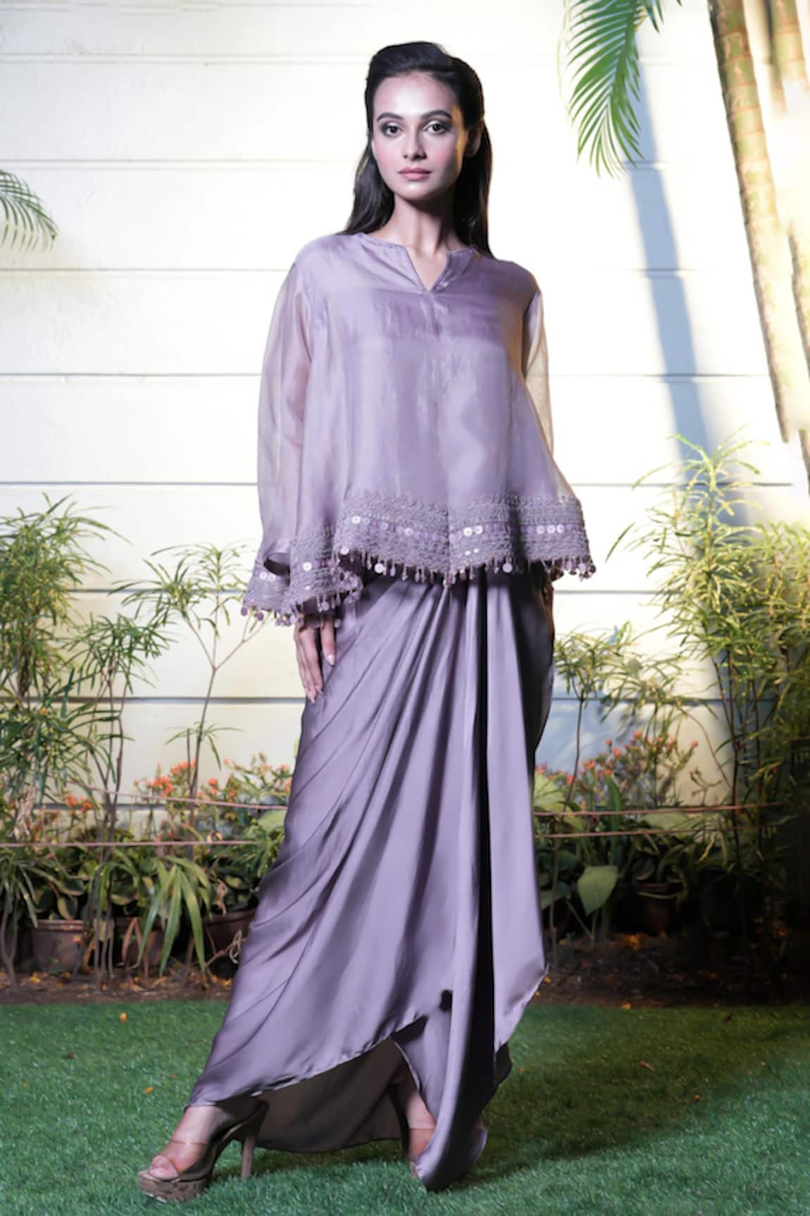 Vara By Vibha N Priti Lilac Hand Embroidered Tunic & Skirt Set 