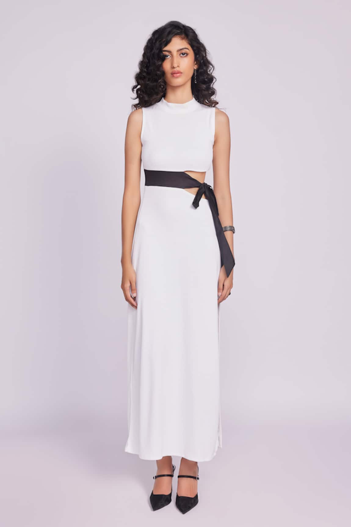 Dev And Viv White Cutout Dress with Black Tie 