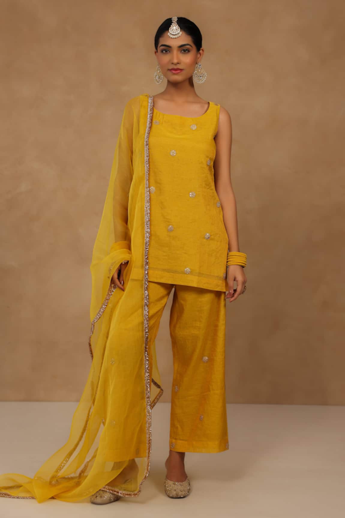 Charu Makkar Mustard Tissue Chanderi Kurta Set 