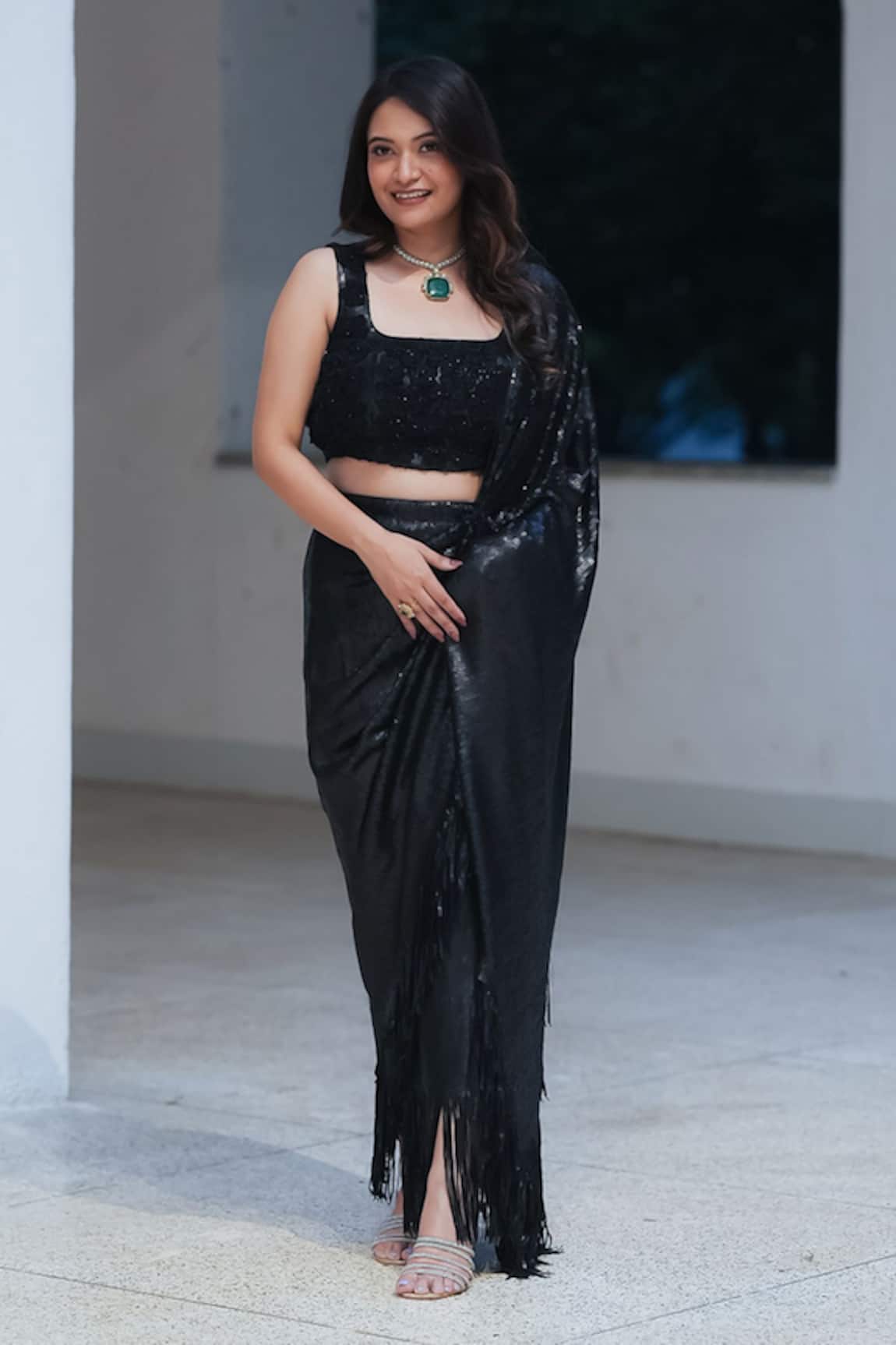 Pooja Bagaria Matt Black Fringe Sequin Draped Saree 