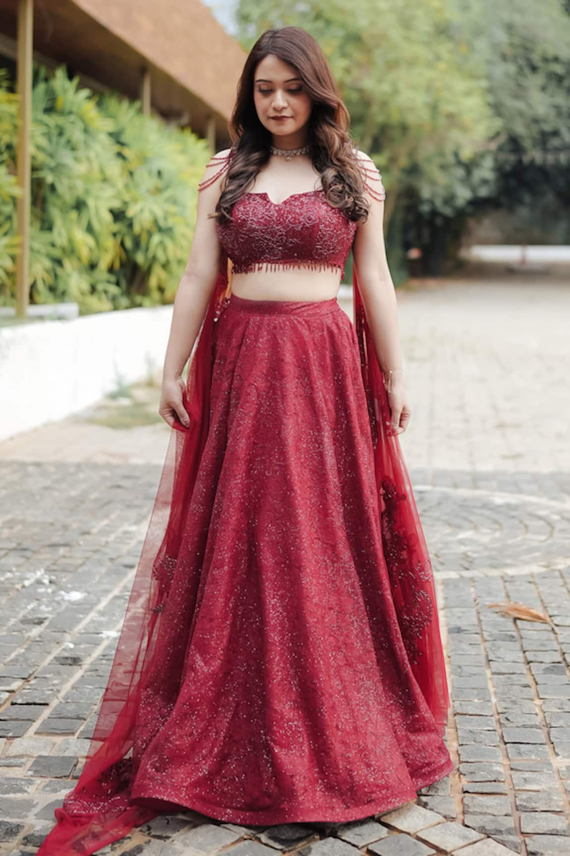 Pooja Bagaria Maroon Chantilly Crystal Lehenga Set 