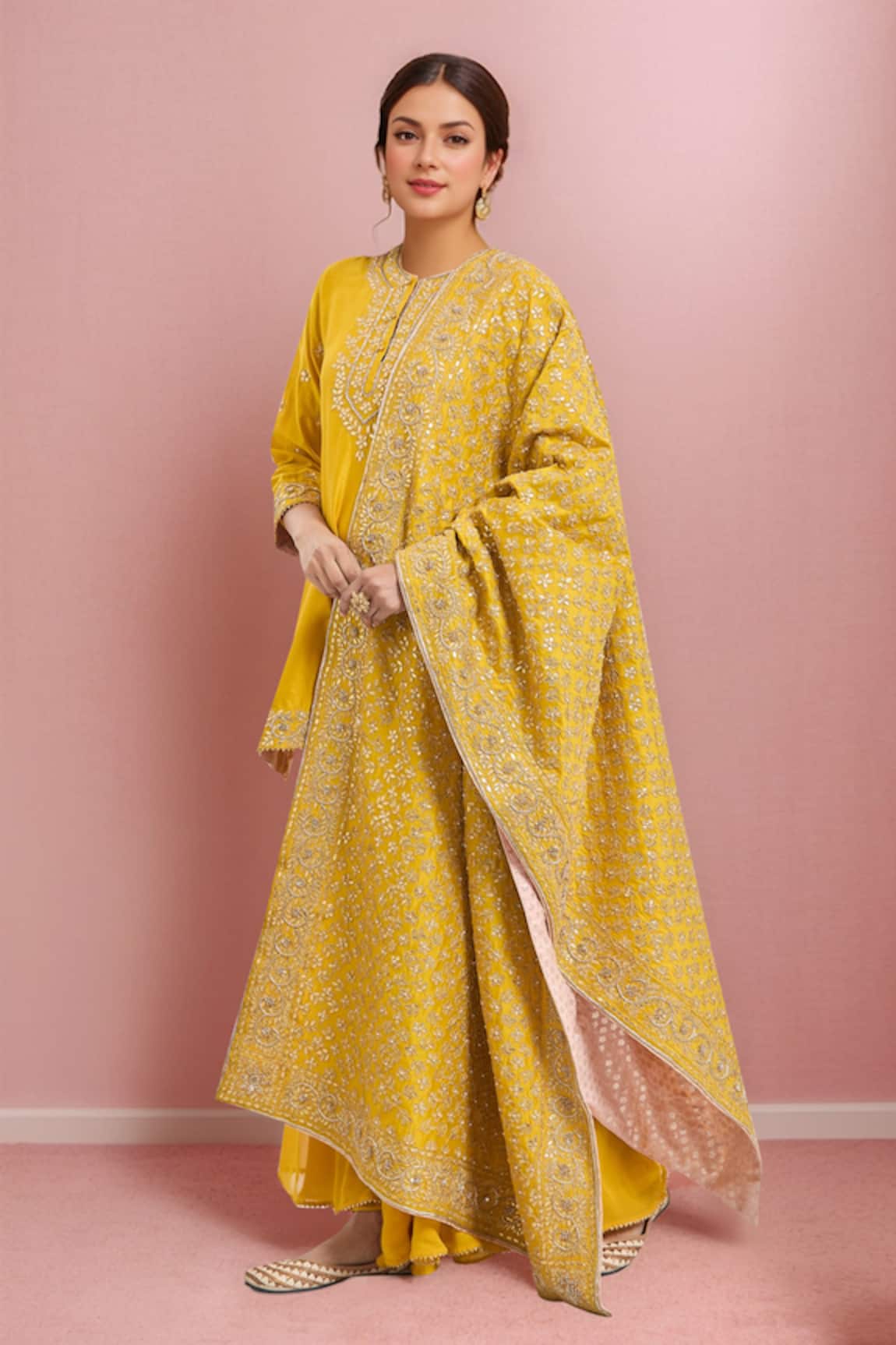 Sheetal Batra Light Mustard Yellow Embroidered Shamshul Kurta Set 